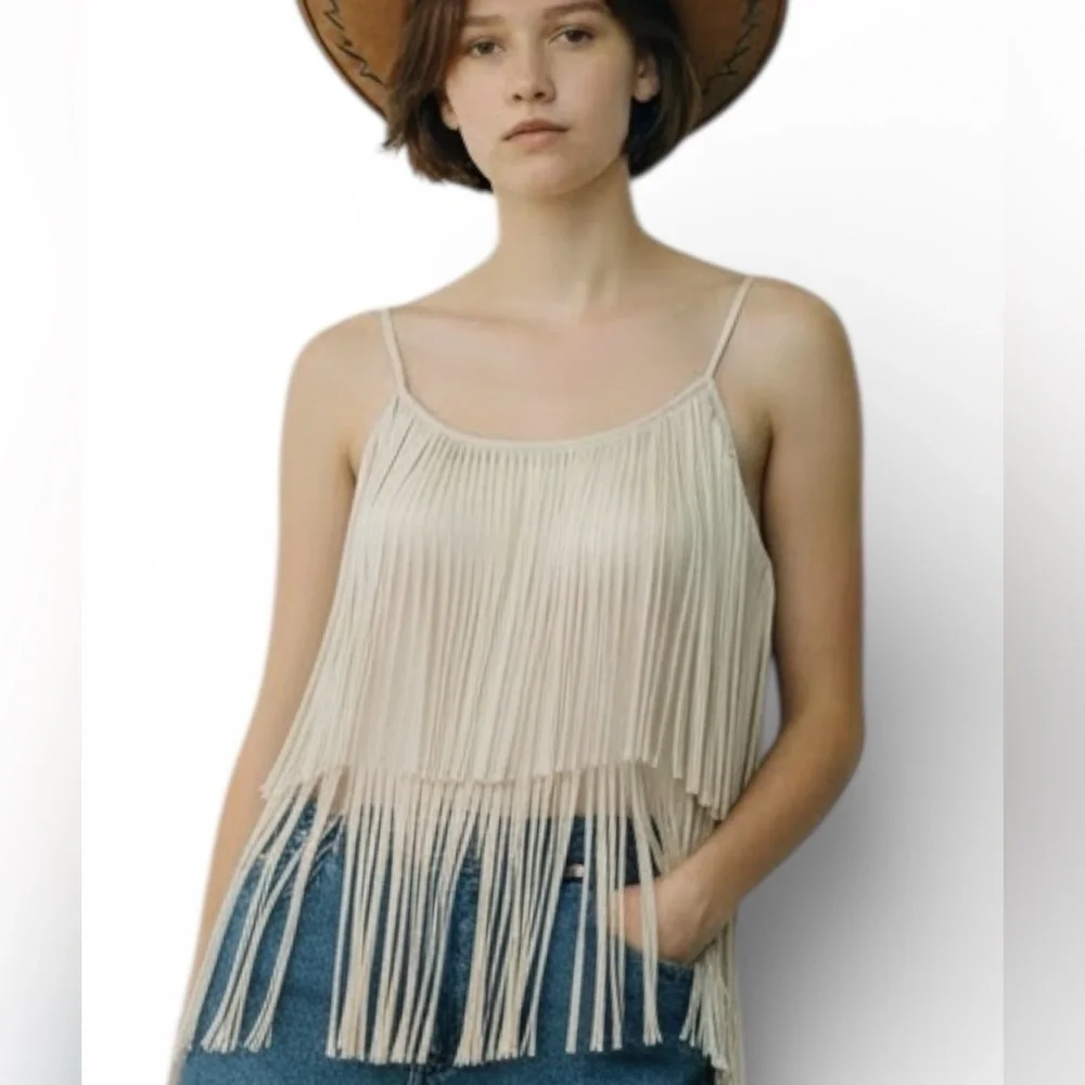 Vocal Cream Fringe Camisole Top